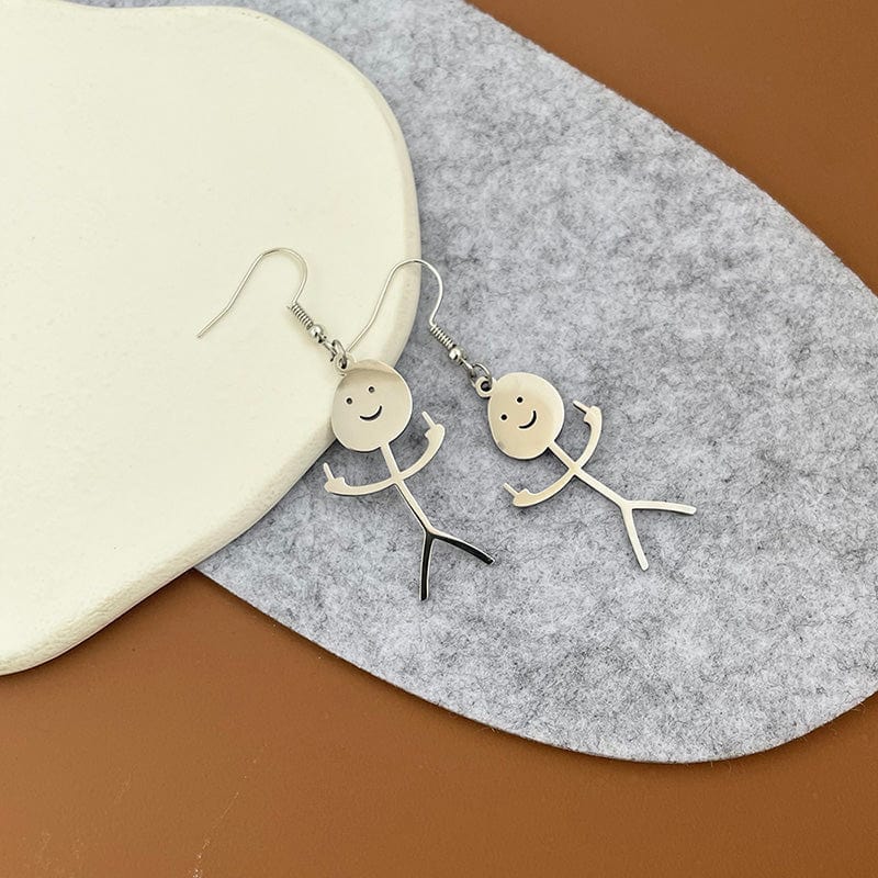 InsensitiviTees™️ Jewelry Silver Middle Finger Smiley Stick Figure Dangle Earrings