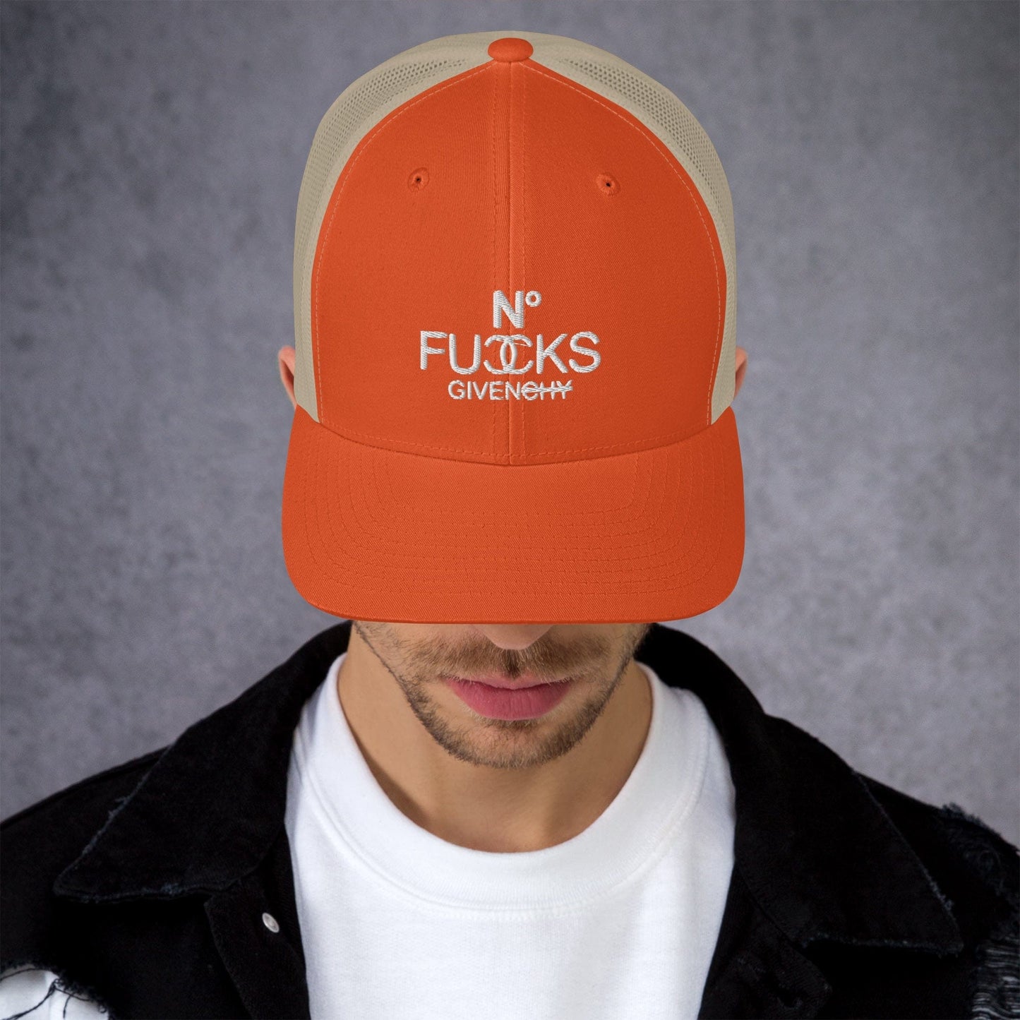 InsensitiviTees™️ Rustic Orange/ Khaki No Fucks Given Embroidered Snapback Trucker Hat