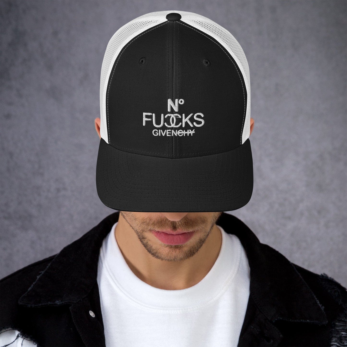 InsensitiviTees™️ Black/ White No Fucks Given Embroidered Snapback Trucker Hat