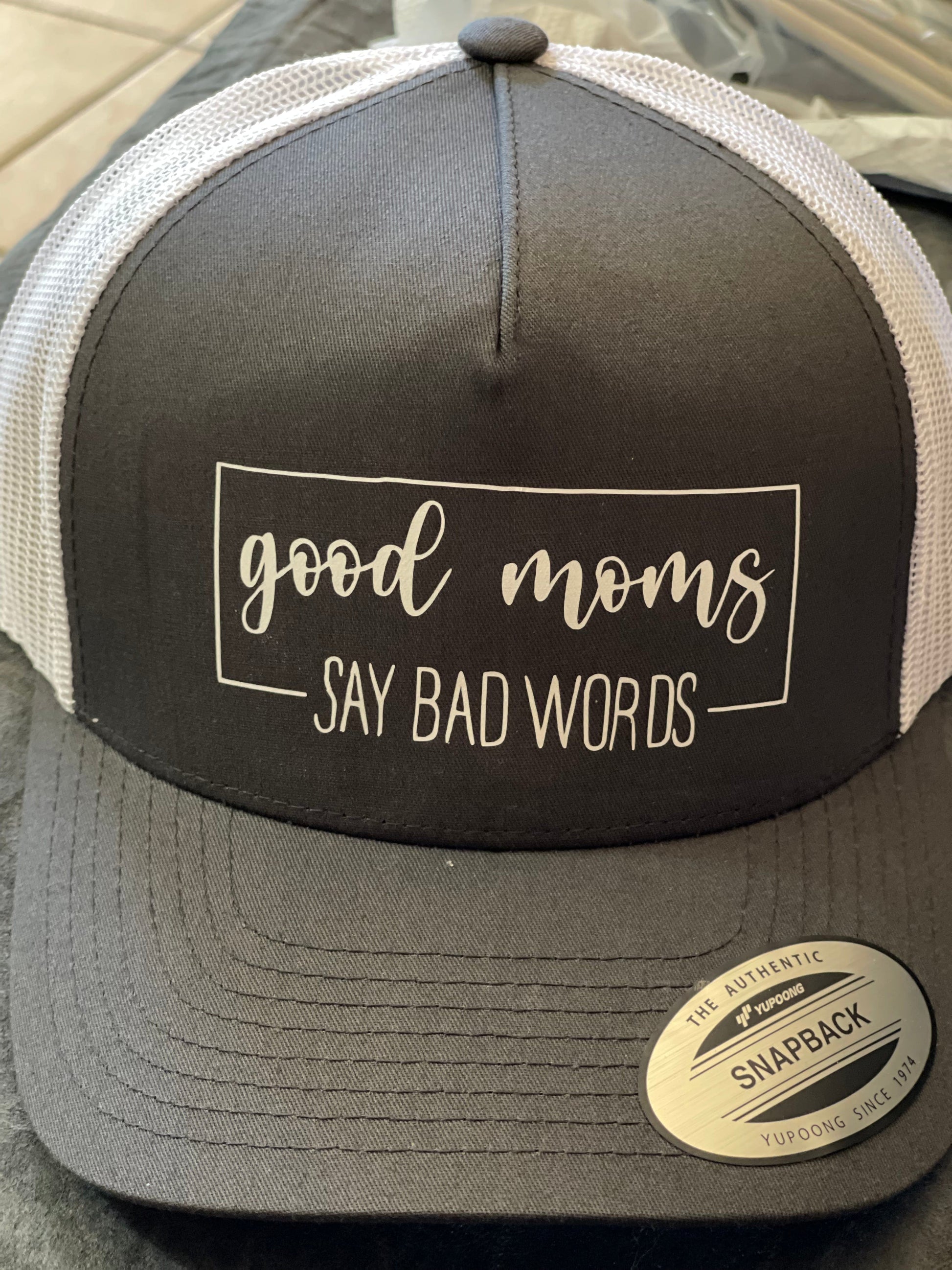 InsensitiviTees™️ Gray/White Good Moms Say Bad Words SnapBack Hat