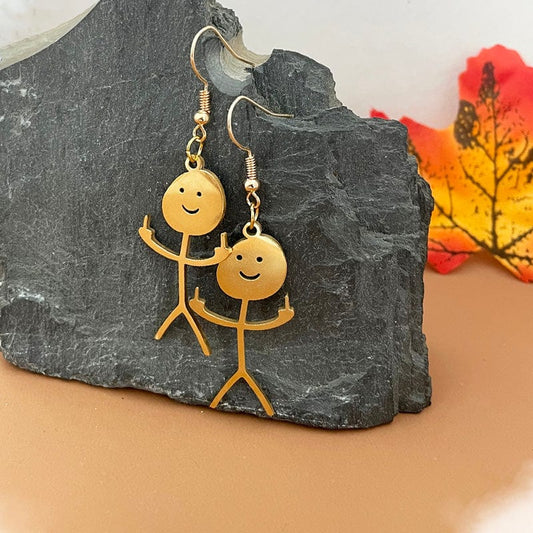 InsensitiviTees™️ Jewelry Gold Middle Finger Smiley Stick Figure Dangle Earrings
