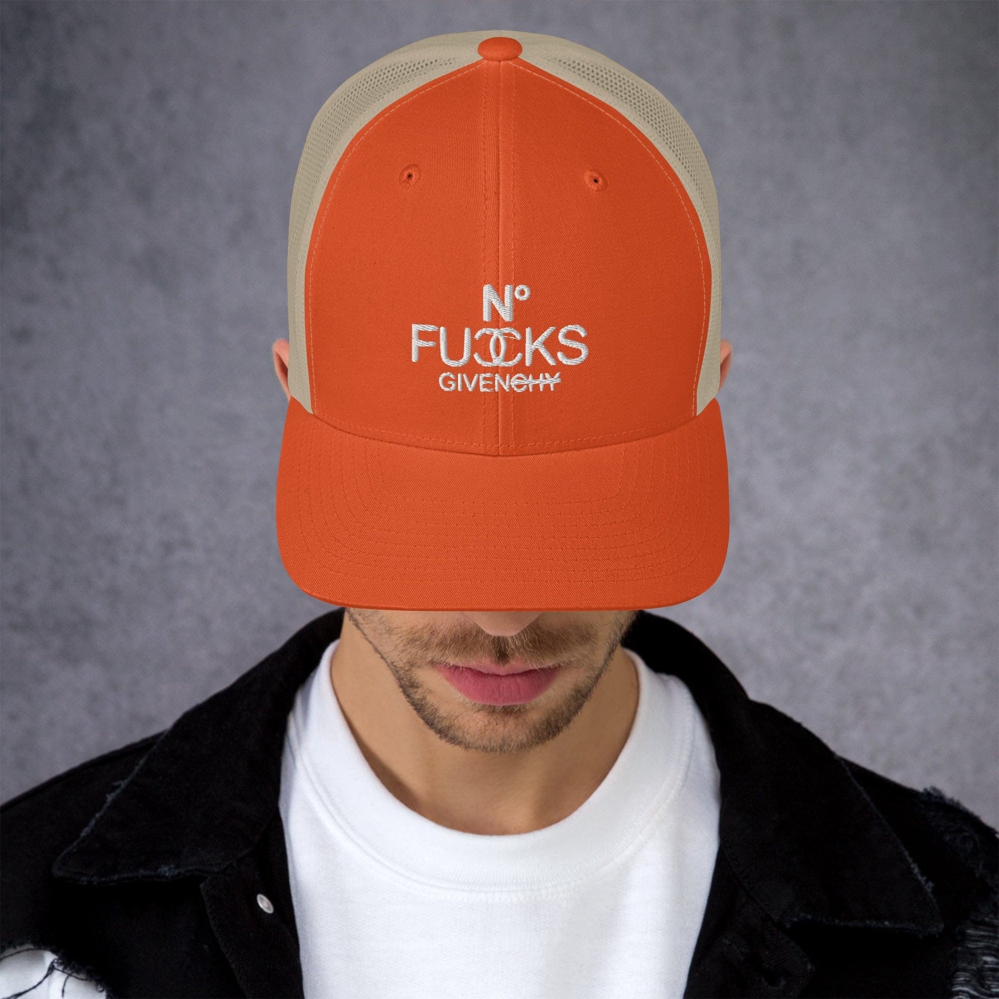 InsensitiviTees™️ Rustic Orange/ Khaki No Fucks Given Embroidered Snapback Trucker Hat