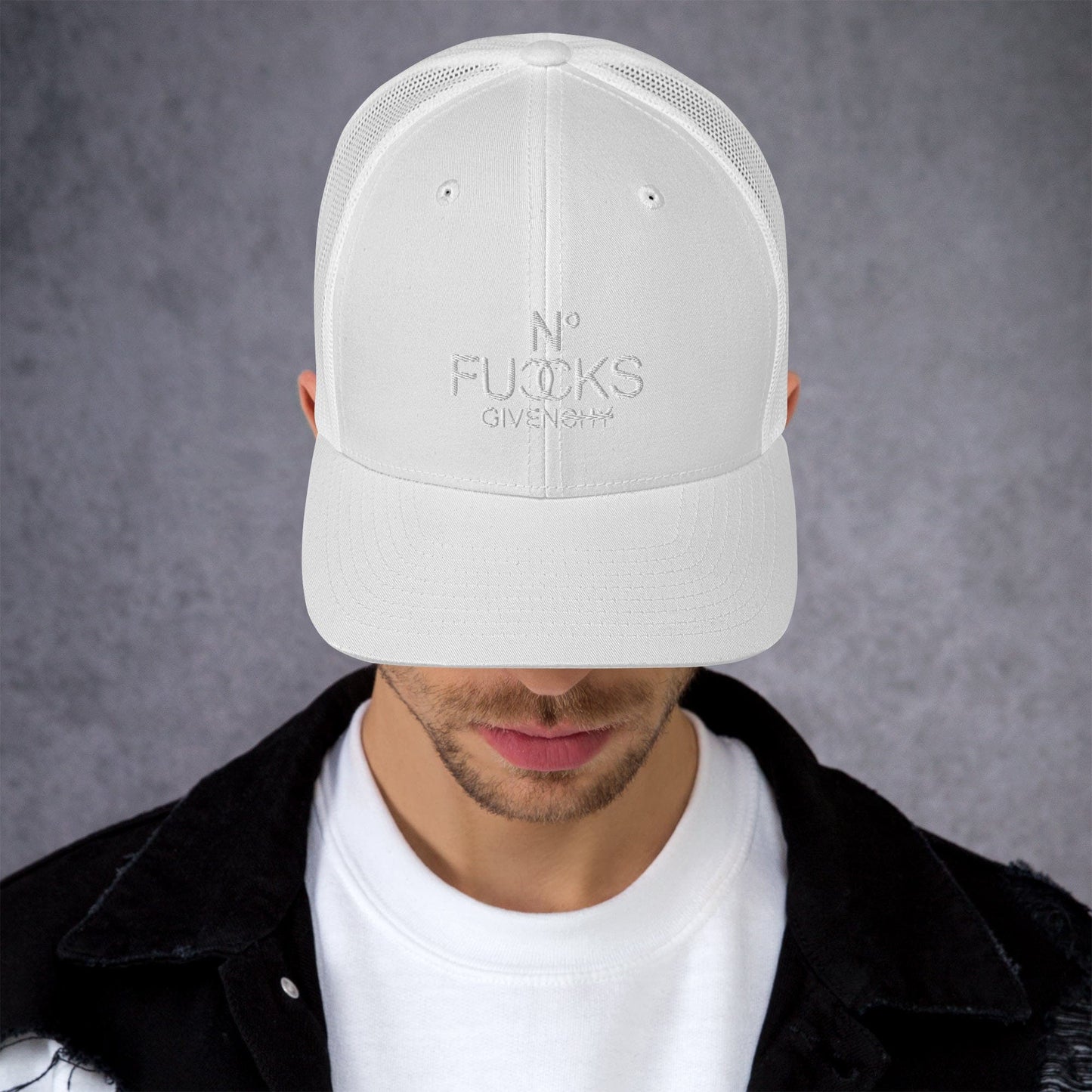 InsensitiviTees™️ White No Fucks Given Embroidered Snapback Trucker Hat
